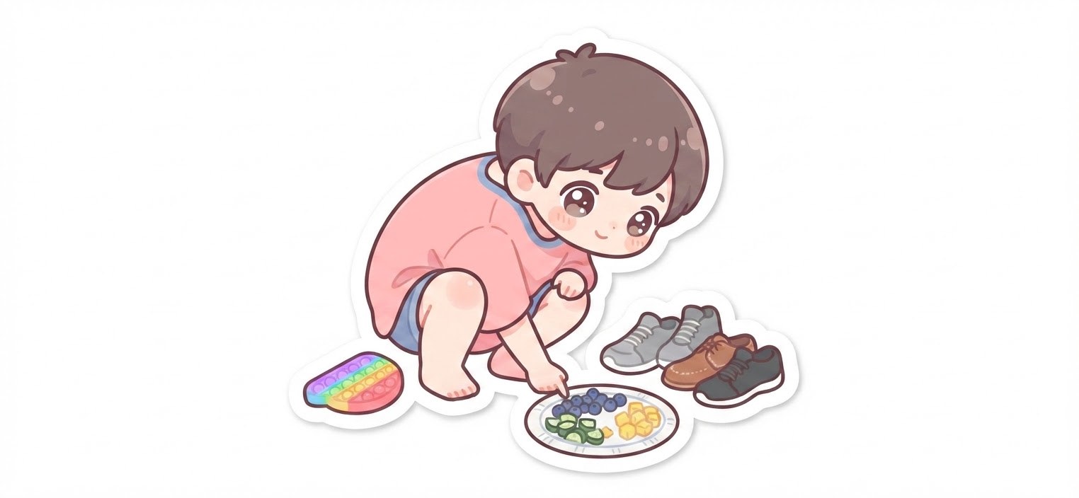 Illustration of a child sorting everyday items and food